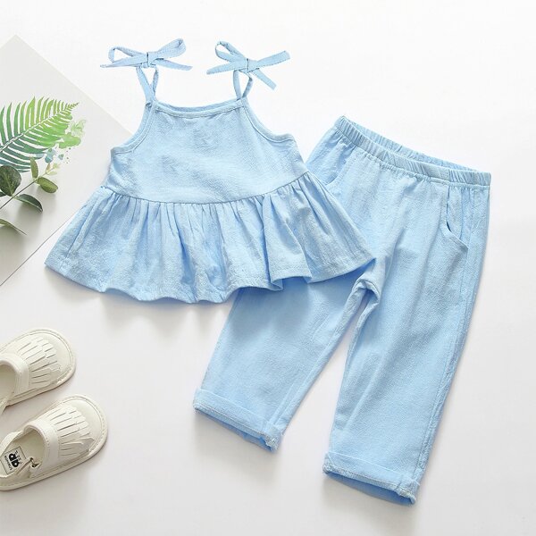 

Toddler Girls Ruffle Hem Peplum Cami Top With Pants, Blue pastel