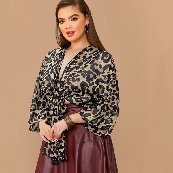 

Plus Plunging Tie Front Leopard Top, Multicolor