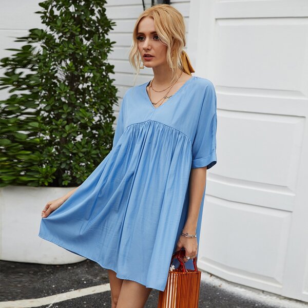 

Solid Batwing Sleeve Babydoll Dress, Blue