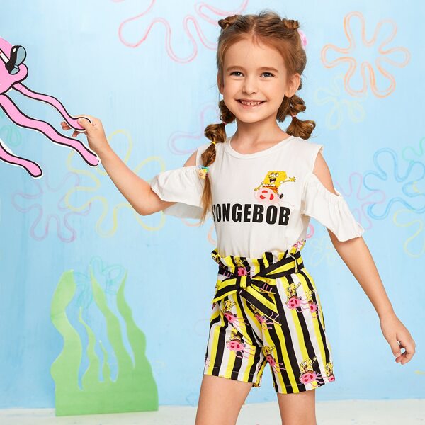 

SpongeBob x SHEIN Toddler Girls Letter Graphic Cold Shoulder Tee & Belted Shorts, Multicolor