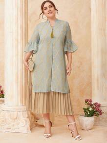Al Najma Plus Pleated Hem Dress & Flounce Sleeve Split Tunic - Multicolor - View 1