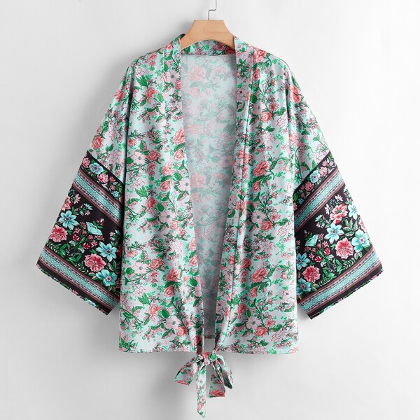

Plus Floral Print Knot Kimono, Multicolor
