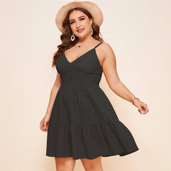 

Plus Button Front Shirred Back Cami Dress, Black