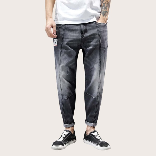 

Men Letter Patched Ripped Tapered Jeans, Grey