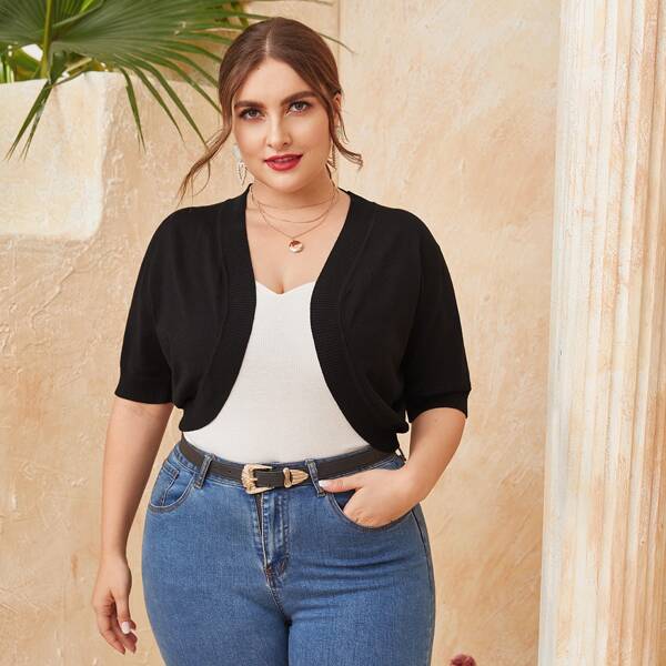 

Plus Open Front Drop Shoulder Crop Cardigan, Black