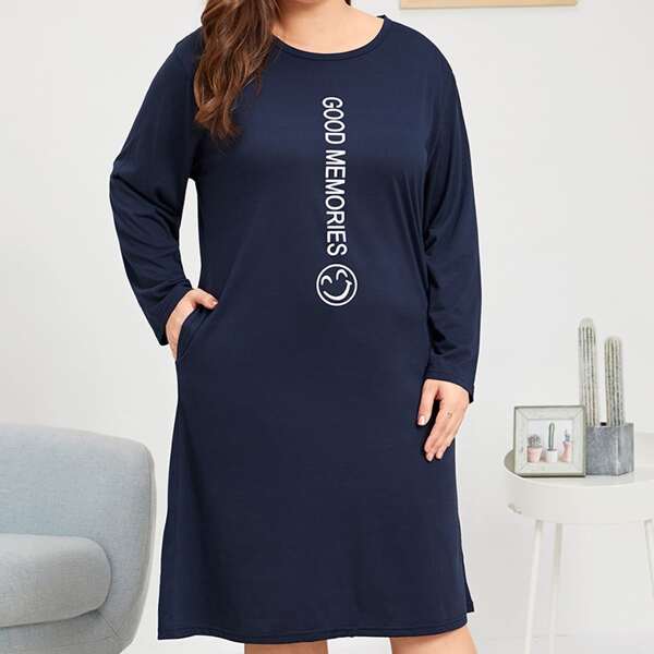 

Plus Slogan Graphic Night Dress, Navy blue