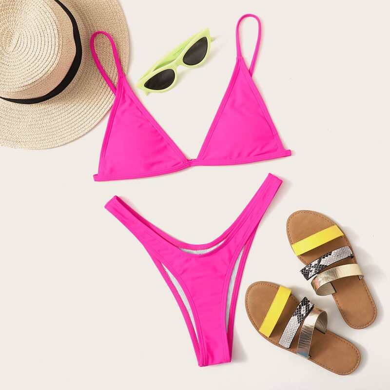 

Triangle High Leg Bikini Swimsuit, Hot pink bright