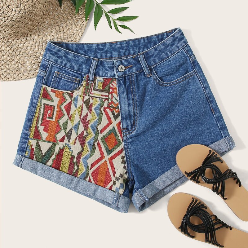 

Tribal Embroidery Roll Up Hem Denim Shorts, Multicolor