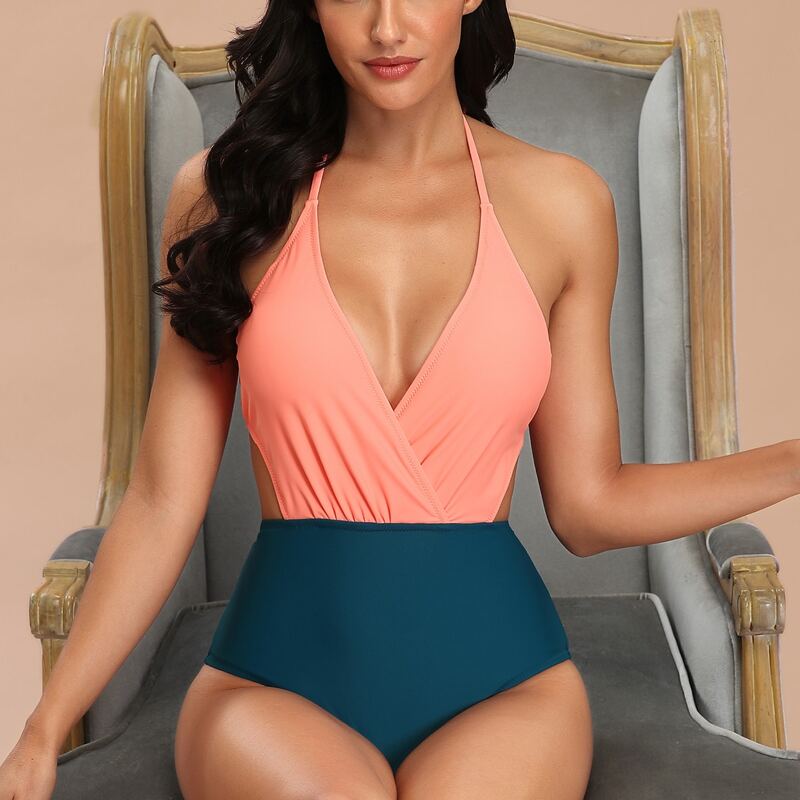 

Colorblock Cut-out Waist Halter Monokini, Multicolor