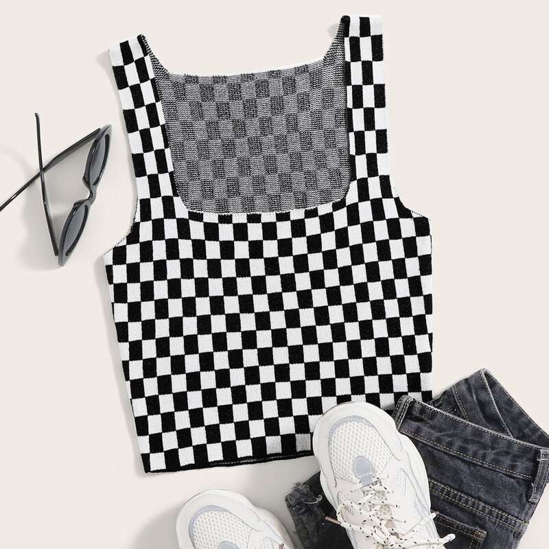 

Checkerboard Square Neck Crop Knit Top, Black and white