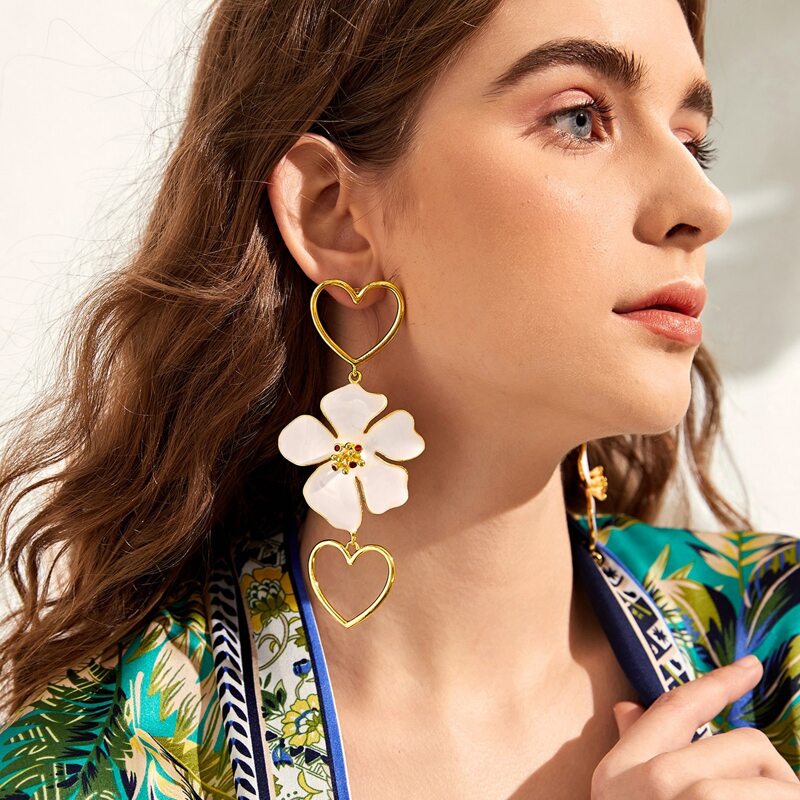 

1pair Double Heart Floral Drop Earrings, Multicolor
