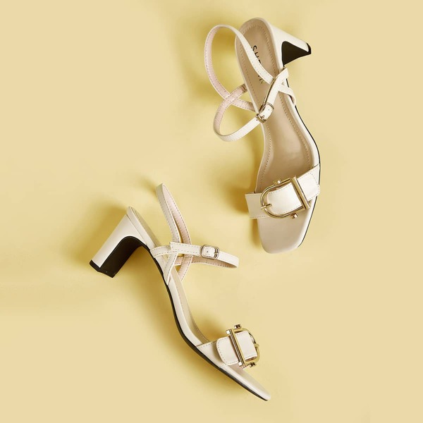 

Buckle Strap Chunky Heels, Beige