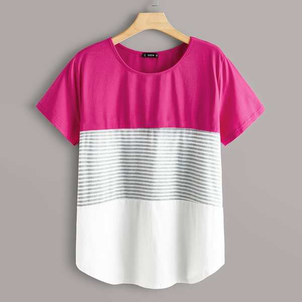 

Plus Rib-knit Striped Print Colorblock Top, Multicolor