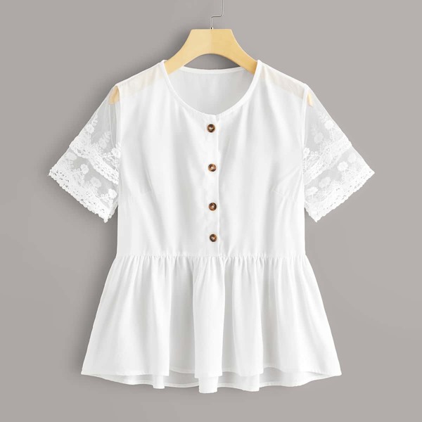 

Plus Embroidery Mesh Sleeve Button Front Peplum Blouse, White