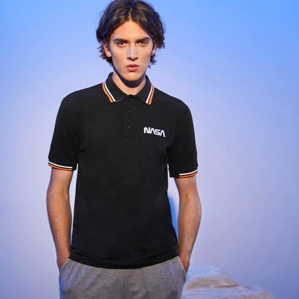 

Men Striped Trim Letter Embroidered Polo Shirt, Black