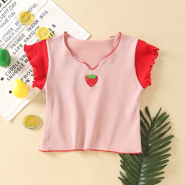 

Strawberry Embroidery Lettuce Trim Knit Top, Pink