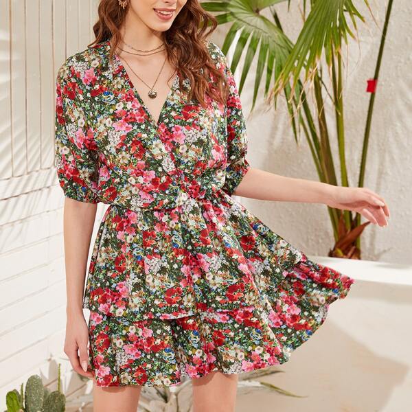 

Floral Print Layered Ruffle Hem Dress, Multicolor