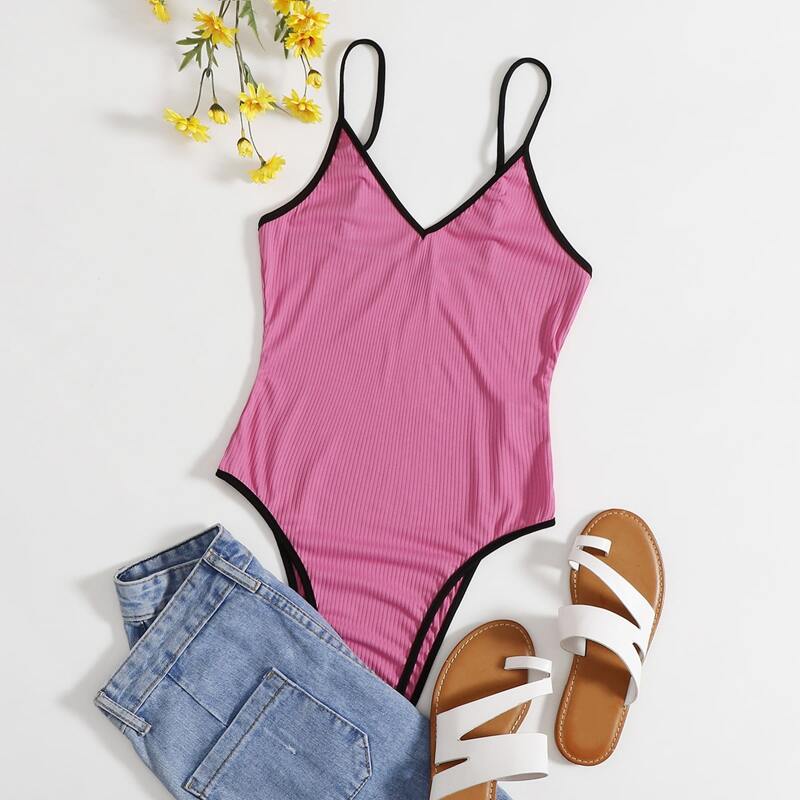 

Contrast Binding Ribbed Bodysuit, Pink