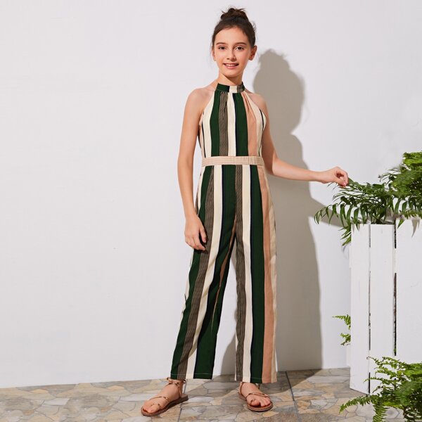 

Girls Halterneck Striped Jumpsuit, Multicolor