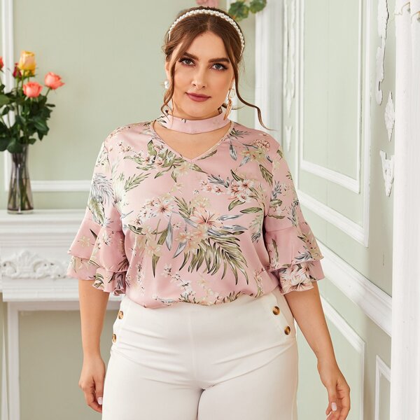 

Plus Keyhole Neckline Layered Ruffle Sleeve Satin Top, Pink