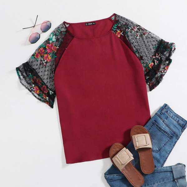 

Plus Floral Embroidered Mesh Sleeve Top, Burgundy