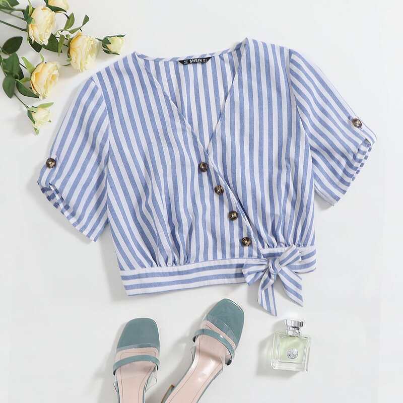 

Asymmetrical Button Placket Tie Hem Striped Wrap Blouse, Blue