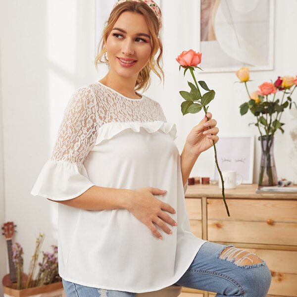 

Maternity Ruffle Trim Lace Yoke Top, White