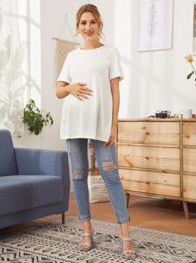 SHEIN Maternity Split Side Solid Tee - White - View 3