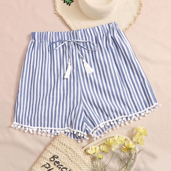 

Plus Tassel Knot Detail Pompom Hem Striped Shorts, Blue