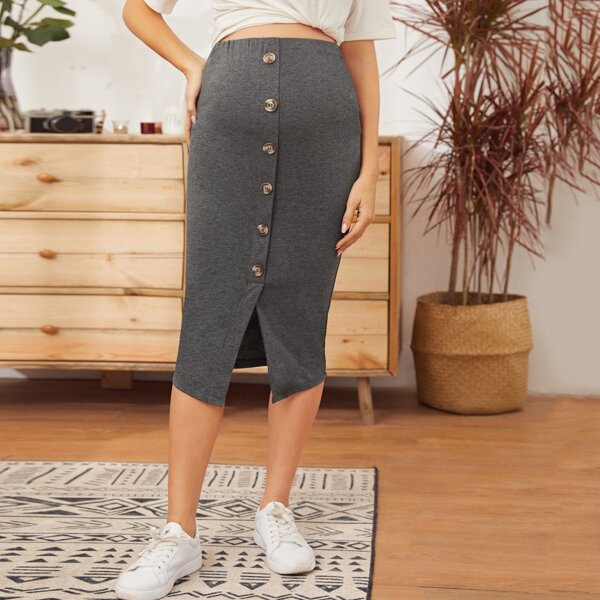 

Maternity Button Front Solid Skirt, Grey