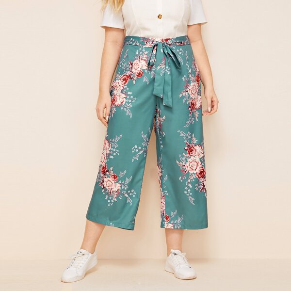 

Цветочные брюки размера плюс с поясом, Зелёные