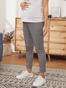 SHEIN 孕婦裝寬腰帶格紋褲子 - 灰色 - 查看 5