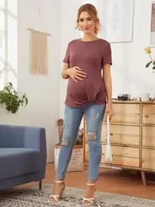 SHEIN Maternity Twist Detail Tee - Burgundy - View 4