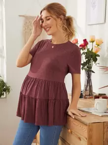 SHEIN 孕婦裝素色荷葉邊下擺t恤 - 紅色 - 查看 1