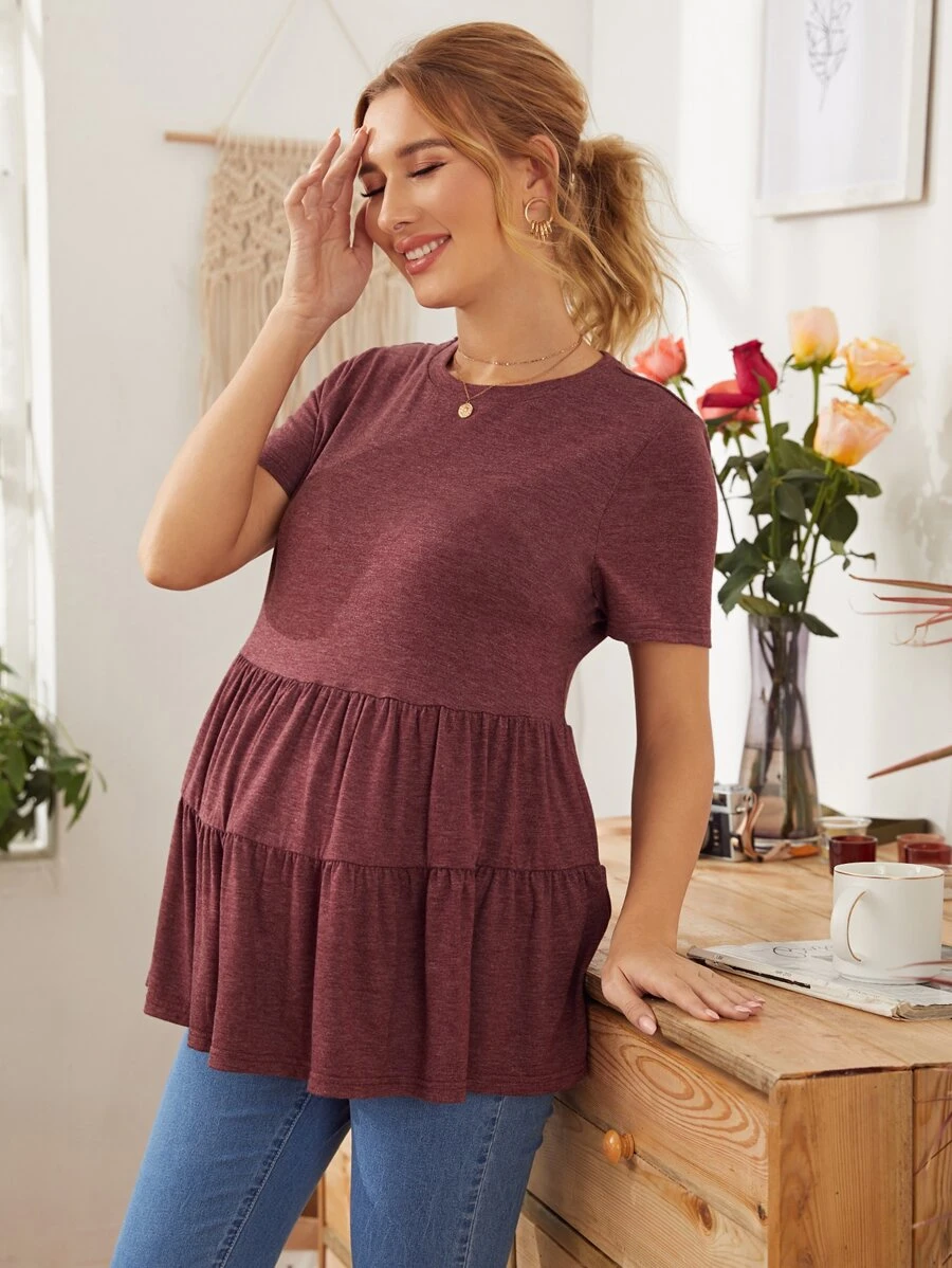 SHEIN 孕婦裝素色荷葉邊下擺t恤 - 紅色 - 查看 1