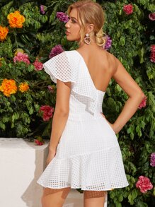 SHEIN Privé One Shoulder Ruffle Trim Plaid Organza Dress - White - View 2