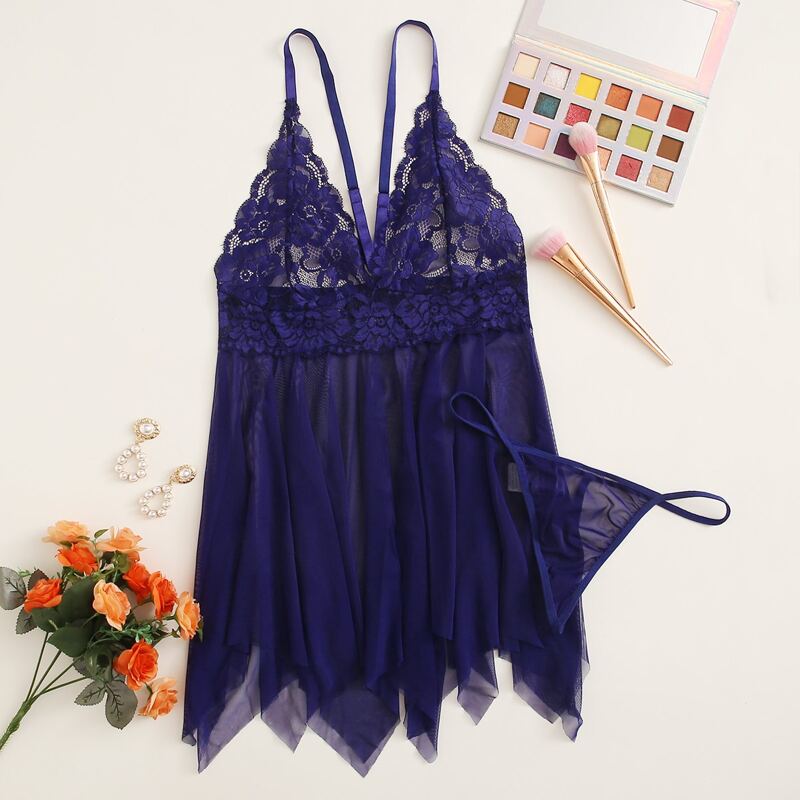 

Contrast Lace Mesh Slips With Thong, Navy blue