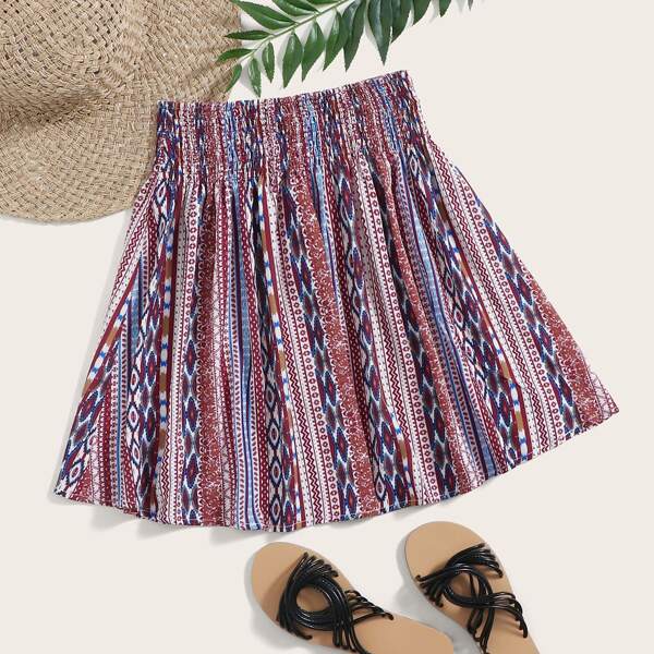 

Aztec Print Shirred Waist Striped Skirt, Multicolor