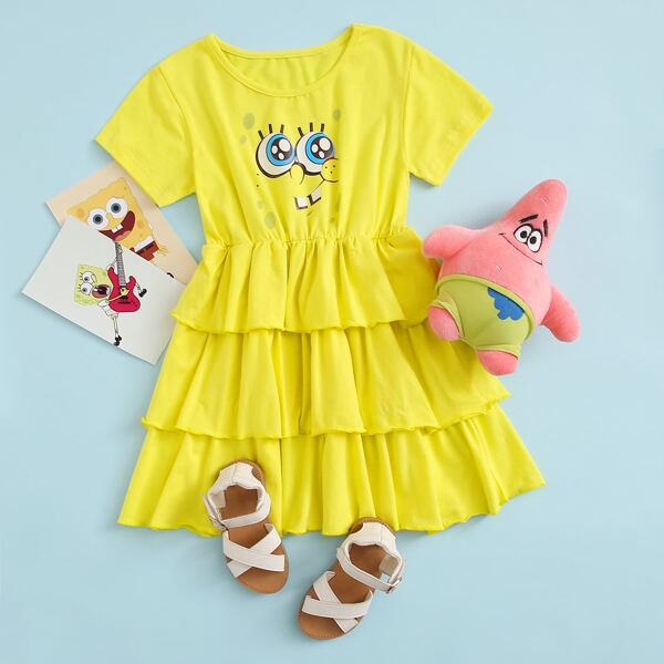 

SpongeBob x SHEIN Toddler Girls Cartoon Graphic Layered Dress, Yellow
