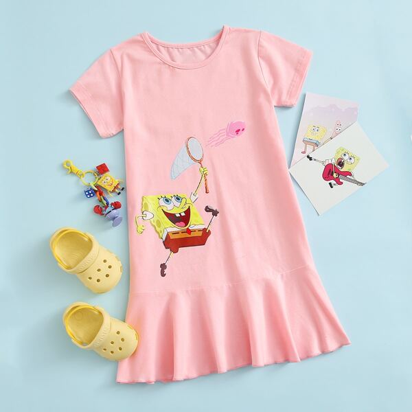 

SHEIN X SpongeBob Toddler Girls Cartoon Graphic Ruffle Hem Smock Dress, Pink