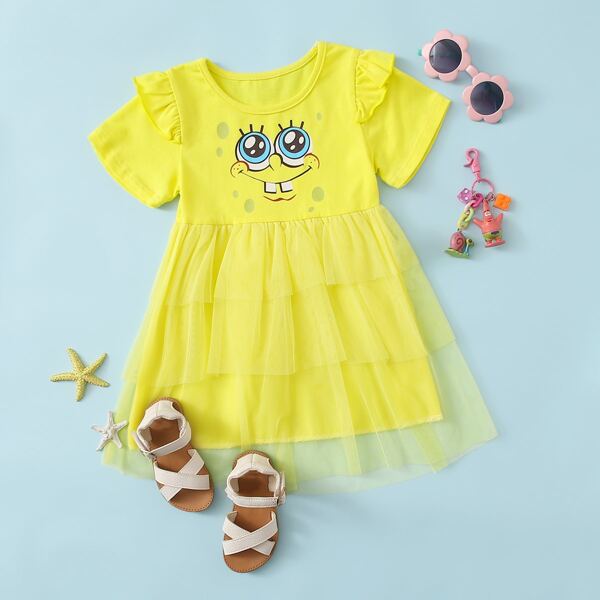 

SpongeBob x SHEIN Baby Girl Ruffle Trim Mesh Panel Dress, Yellow