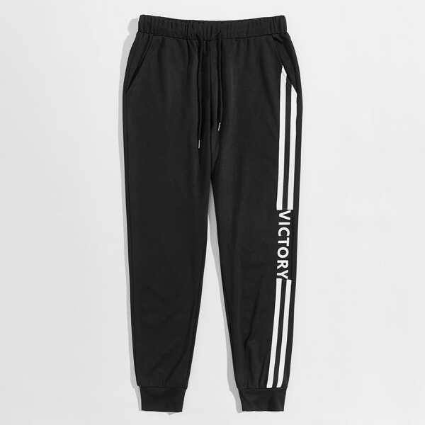 

Men Letter & Striped Side Joggers, Black