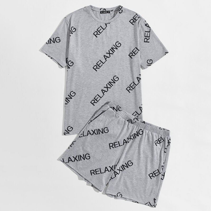 

Guys Letter Print Heather Knit Tee & Shorts PJ Set, Grey