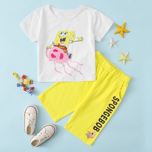 

SpongeBob x SHEIN Toddler Boys Cartoon Graphic Tee With Shorts, Multicolor