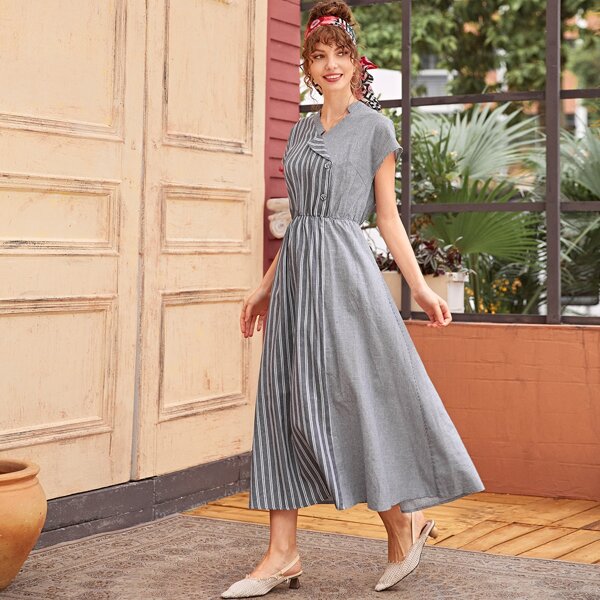 

Batwing Sleeve Striped A-line Dress, Grey