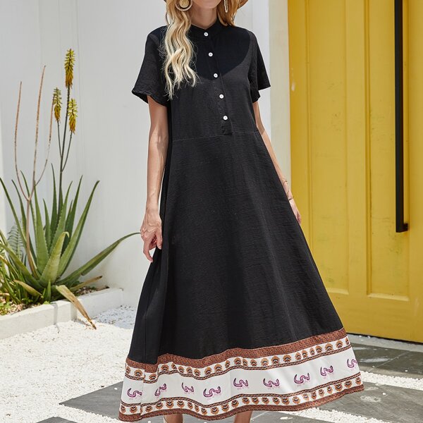

Stand Collar Tribal Print Dress, Black