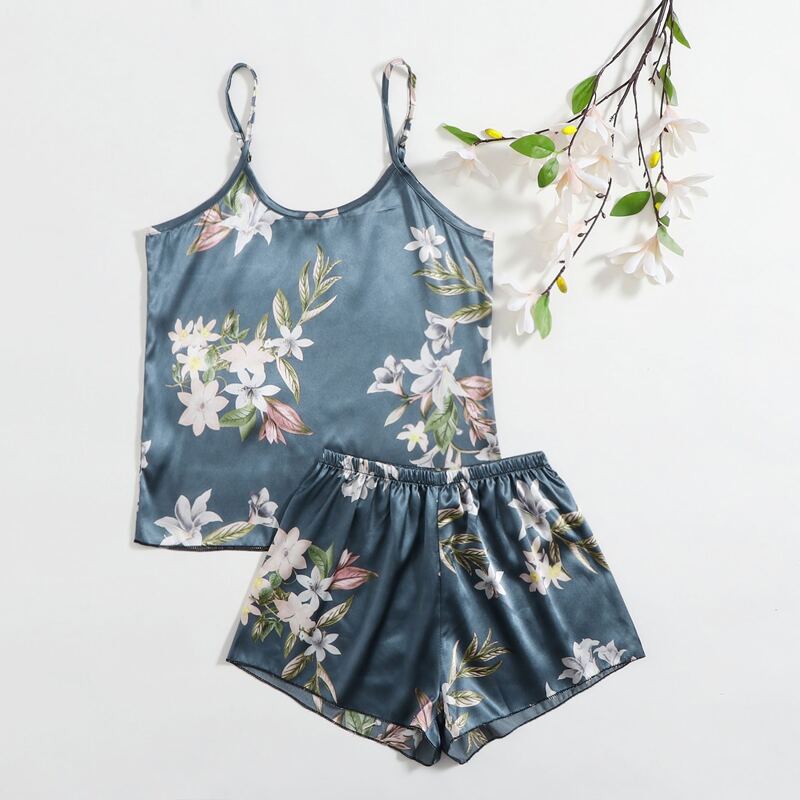 

Floral Print Satin Night Set, Blue