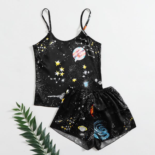 

Galaxy Print Satin Cami PJ Set, Black