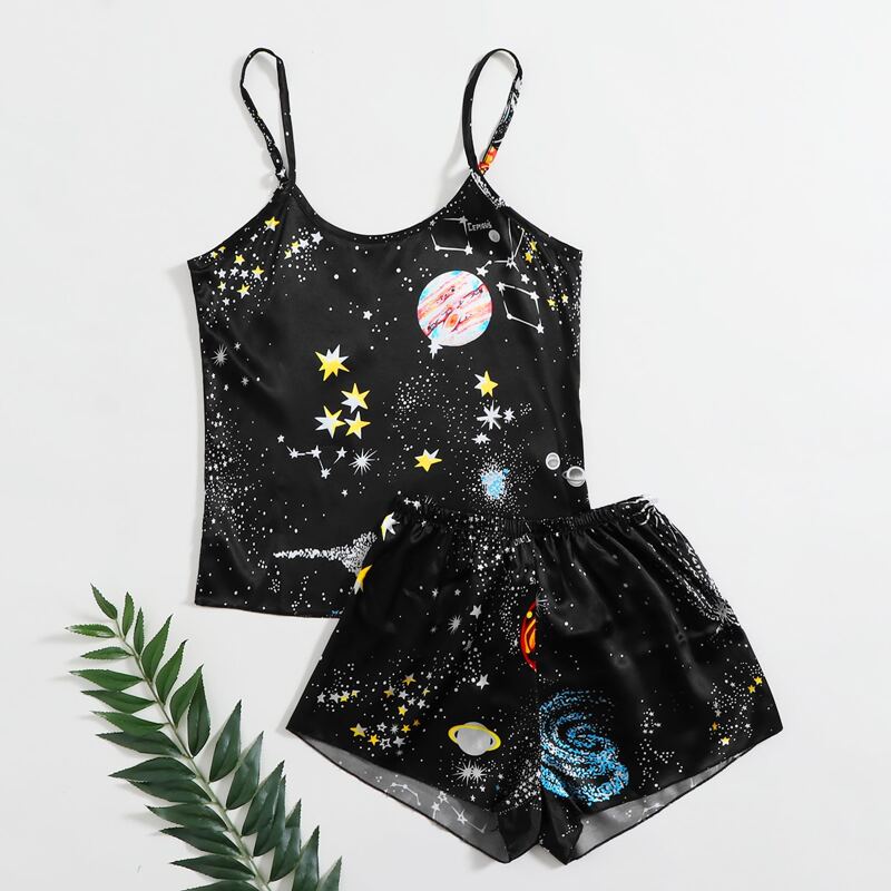 

Galaxy Print Satin Cami PJ Set, Black