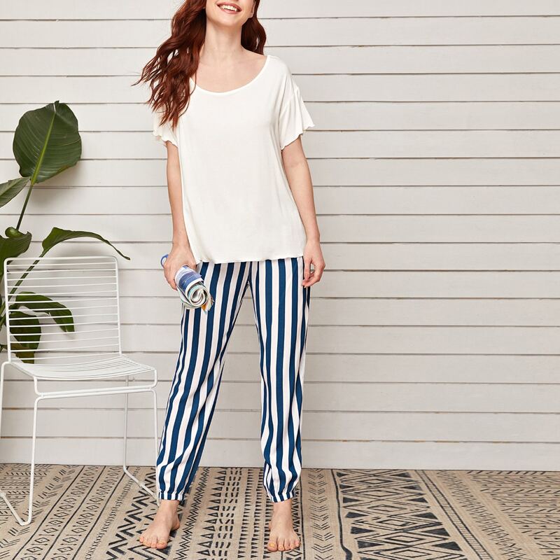 

Drop Shoulder Tee & Striped Pants PJ Set, Multicolor